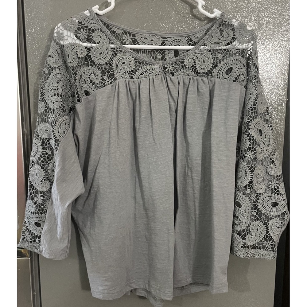 Cruel Girl Women's Large Boho western 3/4 Sleeve Shirt Gray Cowgirl Rodeo